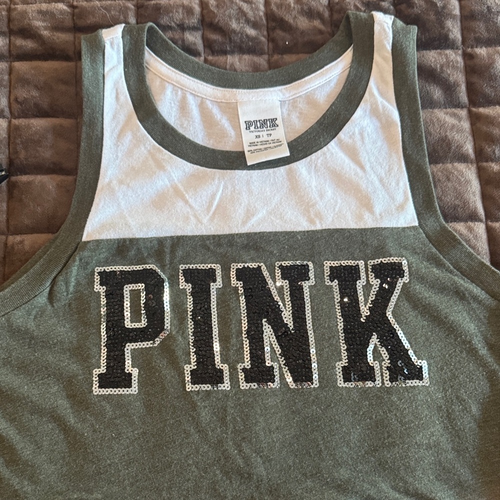 Victoria's Secret Green and White Sequin Logo Tank Top